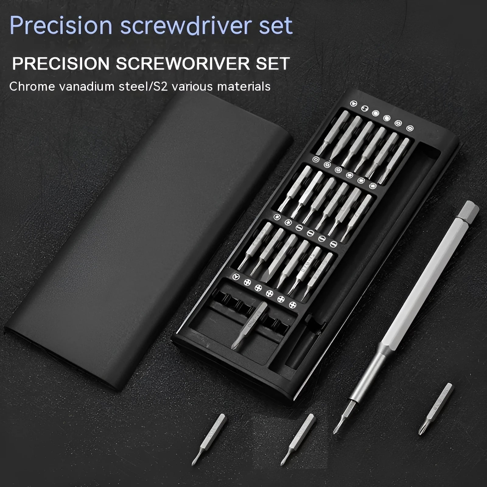 24-in-1 precision magnetic screwdriver set with multiple bits and aluminium handle.