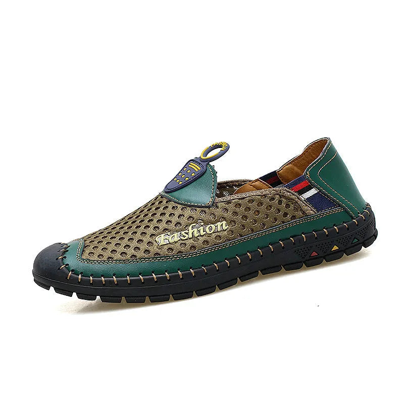 Men's brown mesh casual shoes with round toe and rubber sole