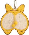 Yellow cat scratching board with a corgi butt design, made from natural sisal with an anti-slip base.