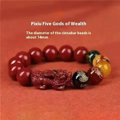 Five Gods of Wealth cinnabar bracelet with natural stone beads and animal carvings