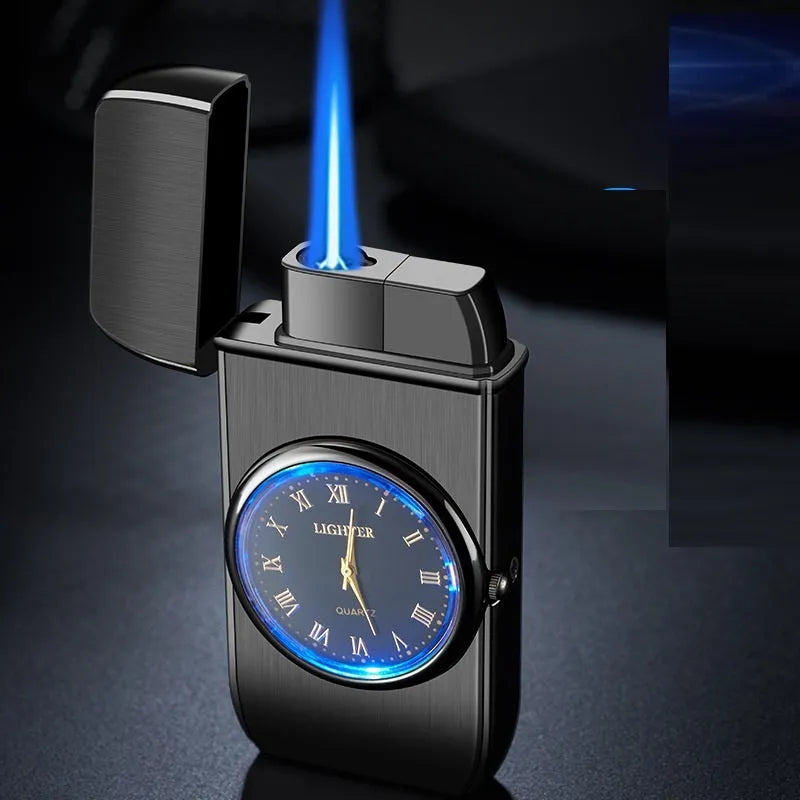 Multifunctional electronic watch gas lighter with LED lamp in multiple metal finishes