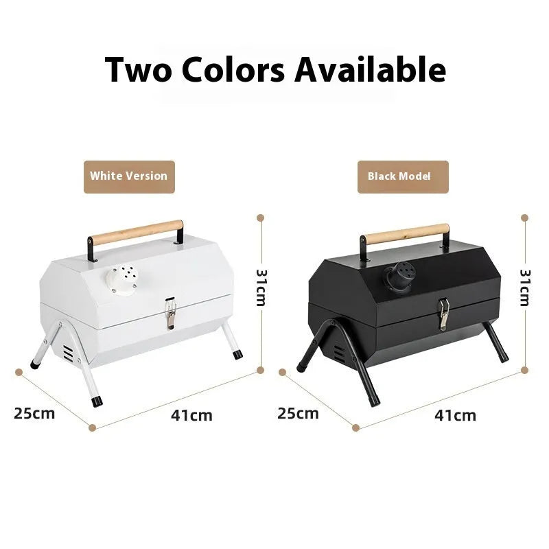 White portable round chimney oven grill with frying and baking capabilities, carbon tanks, and mesh inserts