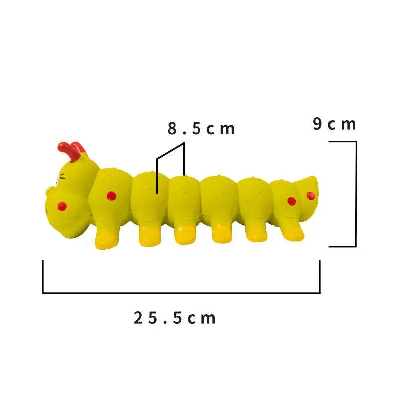 Yellow caterpillar-shaped rubber squeaky dog toy measuring 25.5cm long
