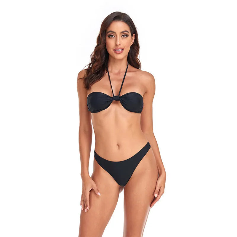 Black women's bikini set with lace-up tube top and briefs bottom swimwear