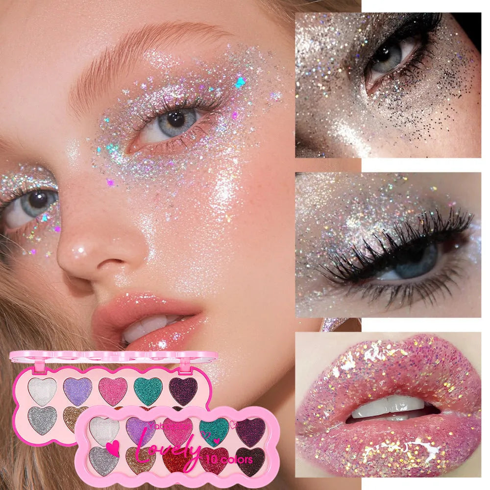 Pearlescent Heart ten-colour sequin eye shadow palette open showing shimmering shades