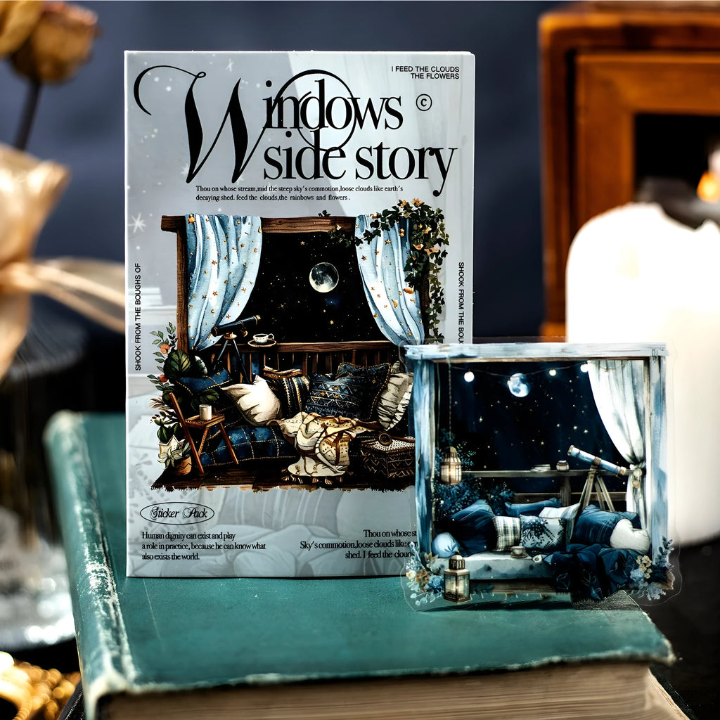 Set of retro-style decorative stickers with printed window scene designs for journals.