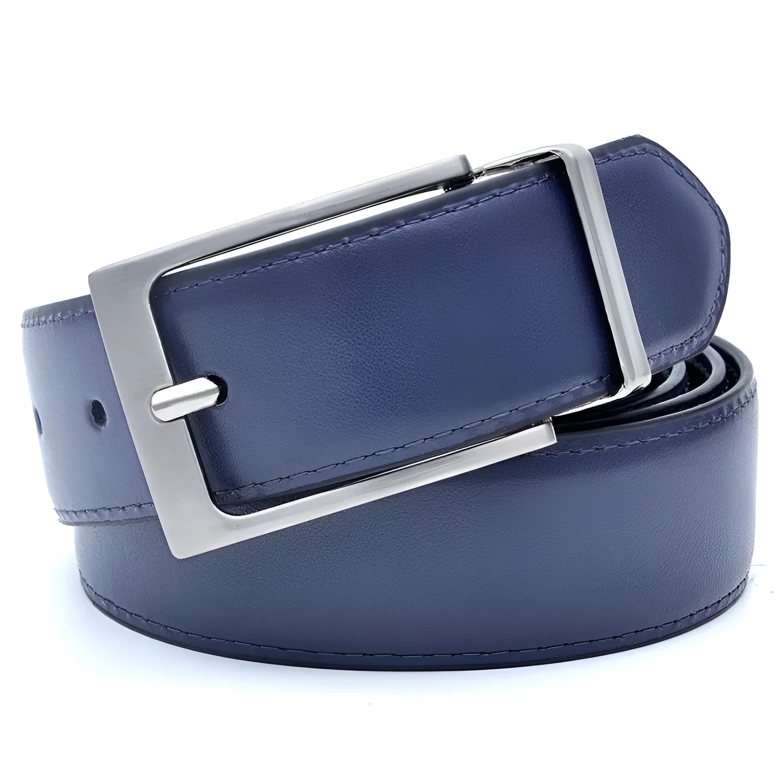 Men's brown and black genuine leather belt with rotating metal pin buckle showing length measurement