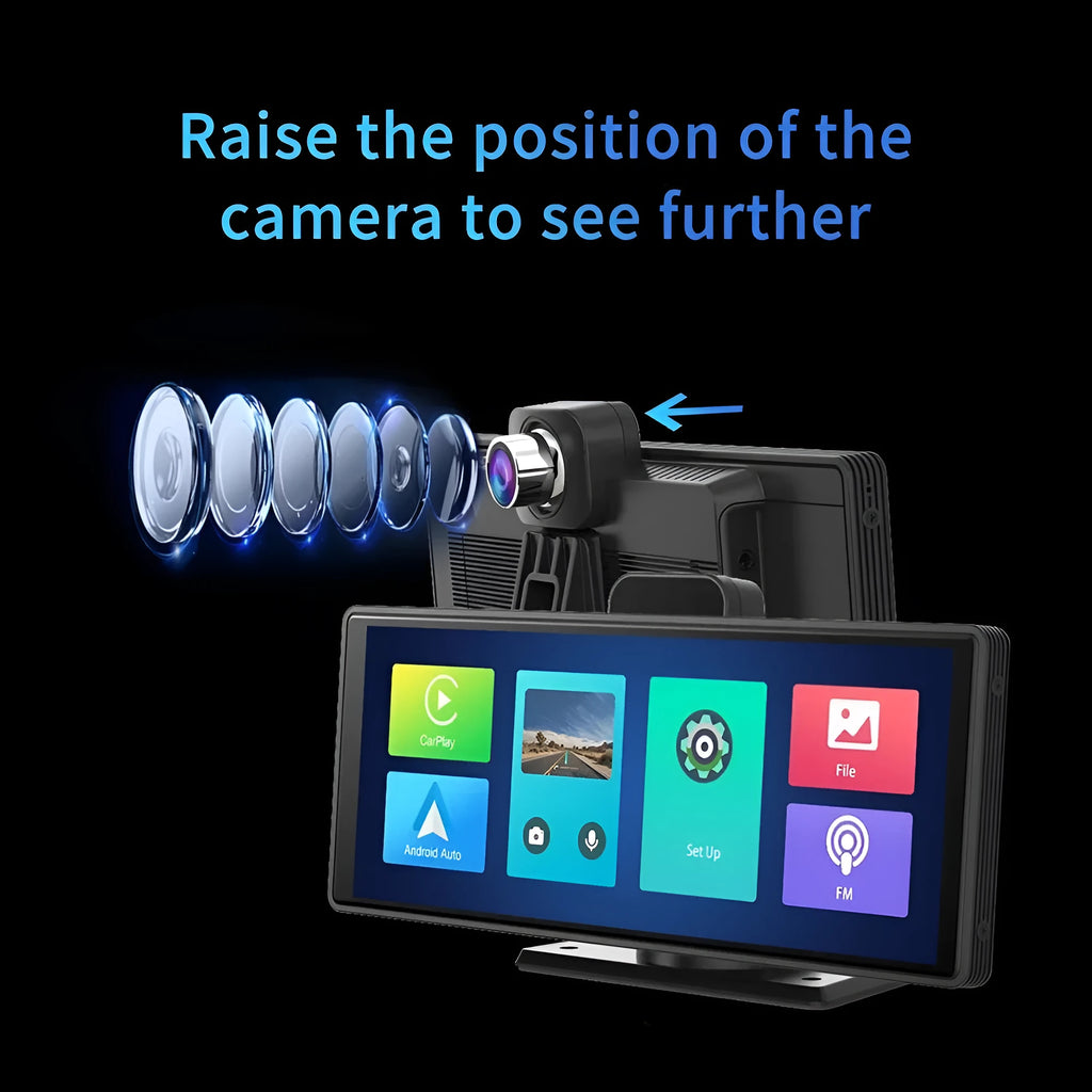 Black 10.26-inch touch screen car DVR with front and rear camera for dual recording.