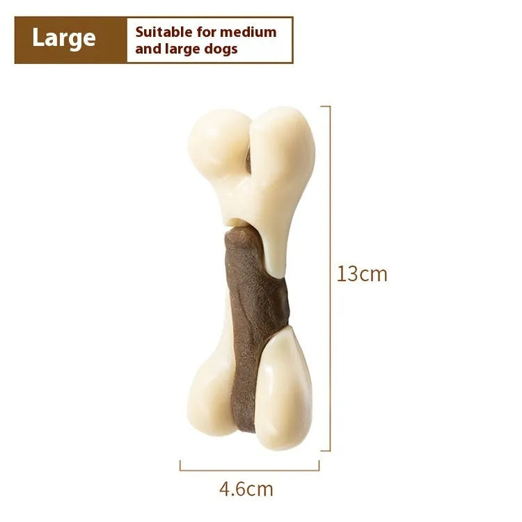 Durable bone-shaped dog chew toy made from brown cowhide and nylon in small and large sizes.