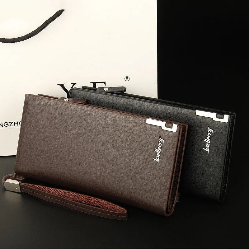Men's long black PU leather zip wallet with a closed zip, showing a multifunctional design.