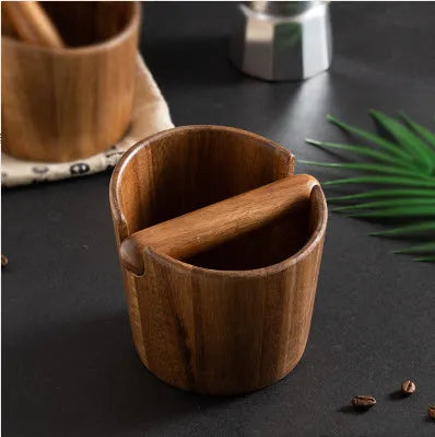 Acacia mangium wood coffee grounds storage bucket on countertop