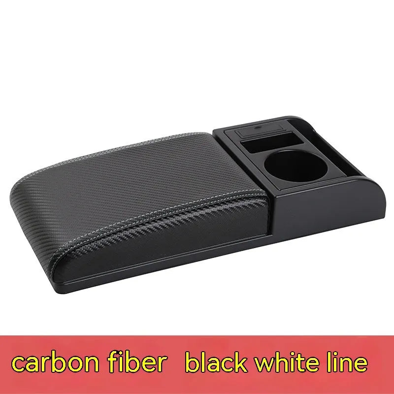 Universal automobile armrest box cover in black with red accent lines on car centre console
