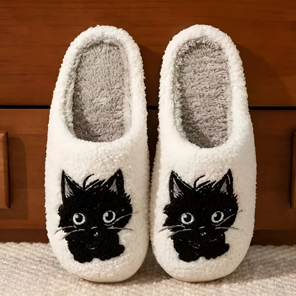 White plush cotton Black Beard Cat cartoon slippers with a non-slip sole for couples.