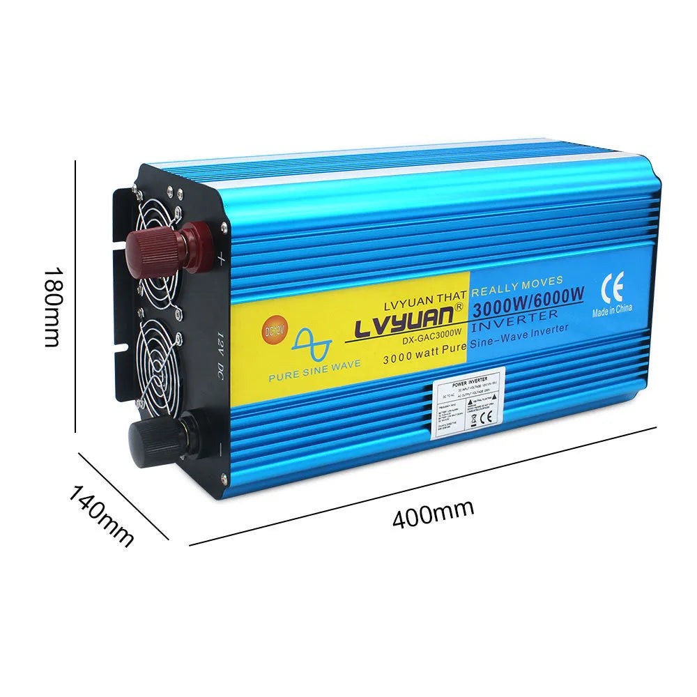 Blue high-power pure sine wave car inverter with digital display and remote control.