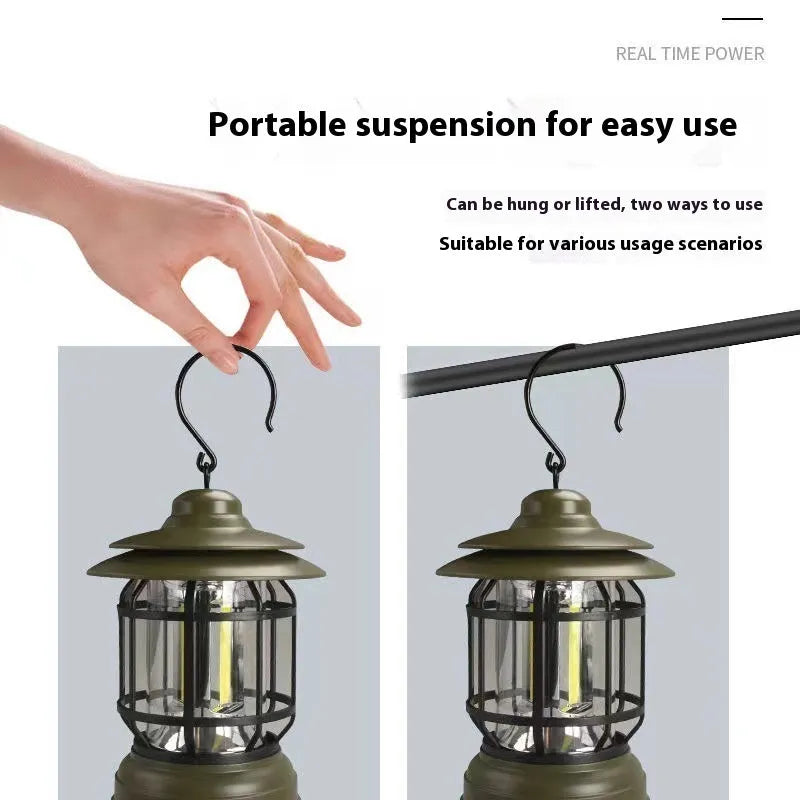Dark green portable camping lantern with super bright light, shown with dimensions 16.6x6.7x9.6 cm.