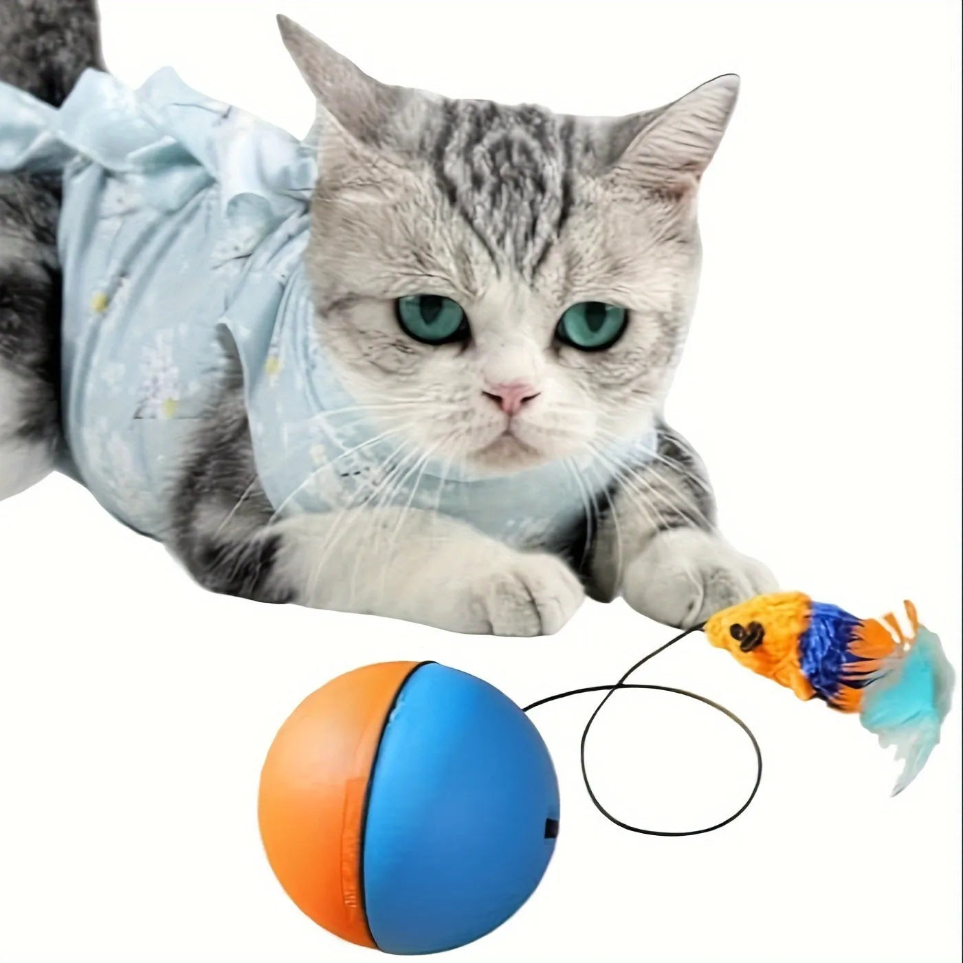 Interactive cat toy ball plush mouse with two removable tails in blue and orange colours