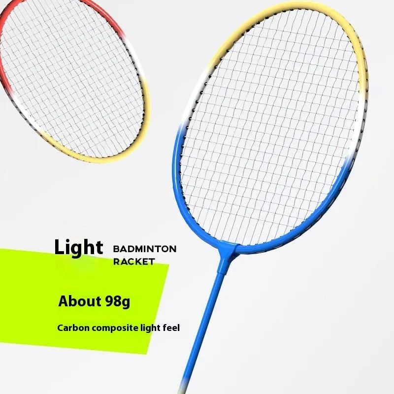 A pair of blue and red ultra-light alloy badminton rackets laid side by side.