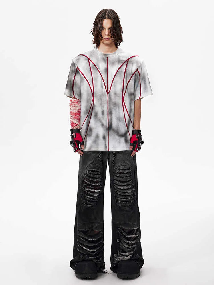 Women's padded shoulder T-shirt with three-dimensional line patchwork design and round neck collar