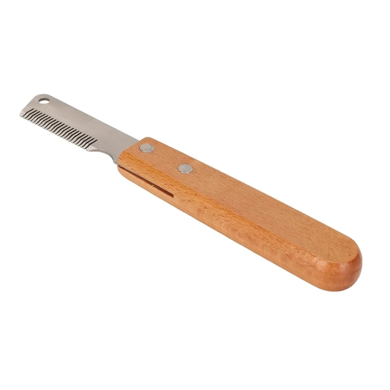 Pet stripping comb with wooden handle and metal fittings in two sizes