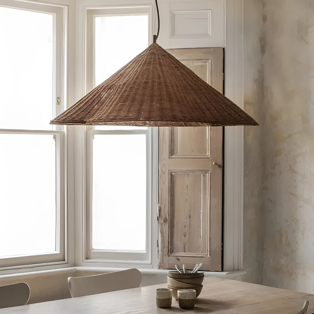 Silent Style natural rattan woven ceiling lamp with wind design, shown in 50cm diameter.