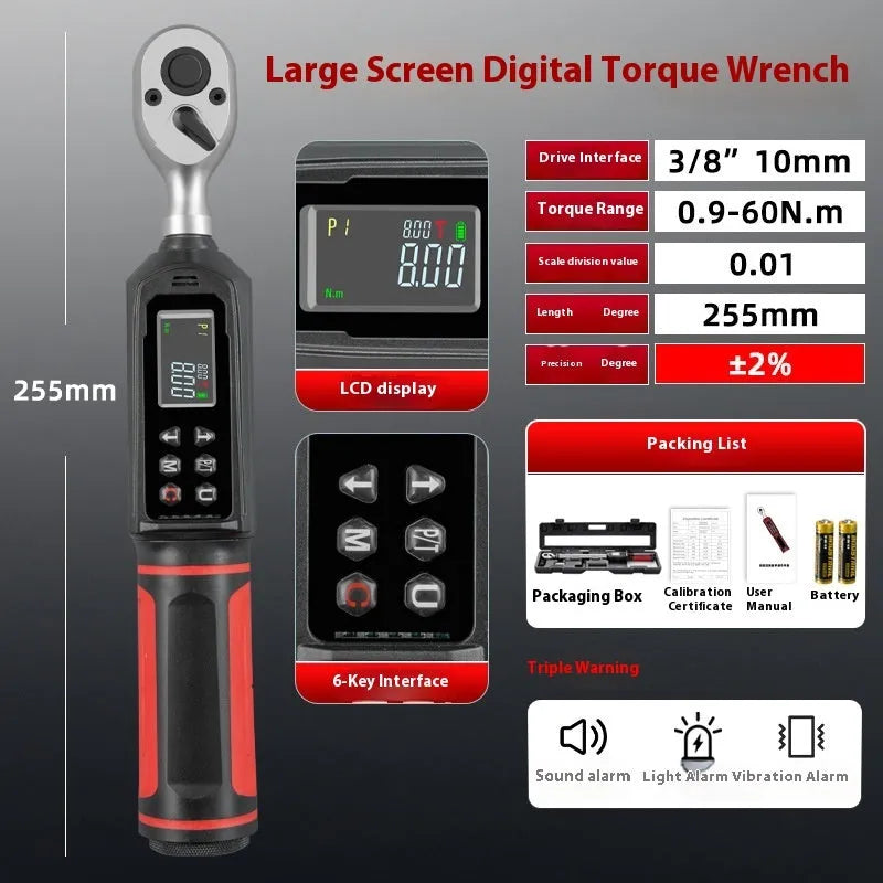 Digital display torque wrench with chrome-vanadium steel construction showing 0.15-340N range