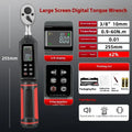 Digital display torque wrench with chrome-vanadium steel construction showing 0.15-340N range