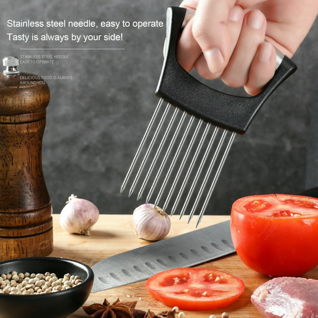 Stainless steel and ABS food slice assistant for onions and tomatoes on a kitchen worktop.