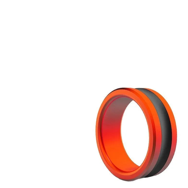 Orange alloy fishing hand guard pull loop tool for hook extraction on a wooden surface.