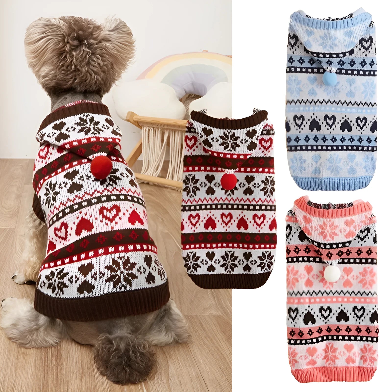 Acrylic knitted dog sweater with snowflake stripes in pink on small white dog