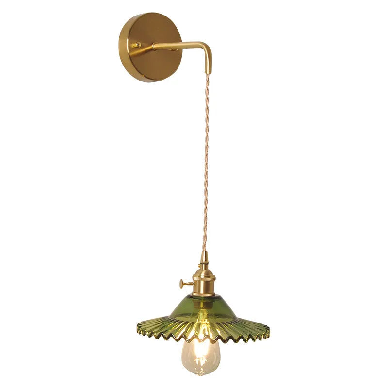 Retro brass lotus wall lamp with copper body and glass shade in six colour options