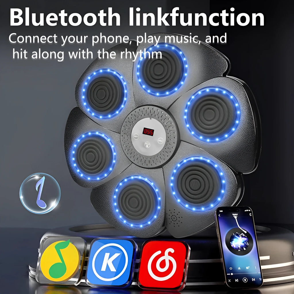 Black smart boxing target with LED lights and Bluetooth connectivity including half-finger gloves