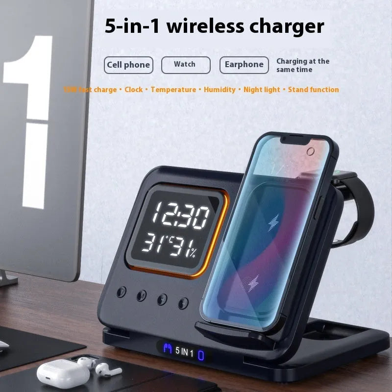 Black and white 5-in-1 wireless charging station with phone, watch and headphone docks, LED clock display