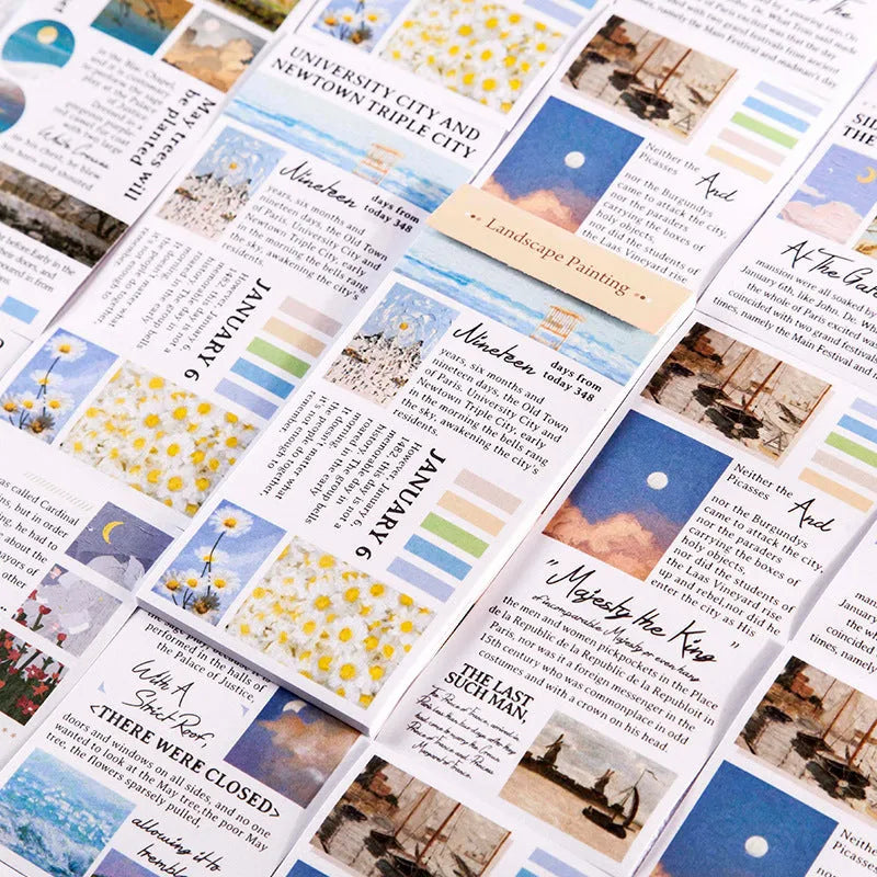 Paper sticker book with twenty 60x120mm landscape painting stickers in various colours
