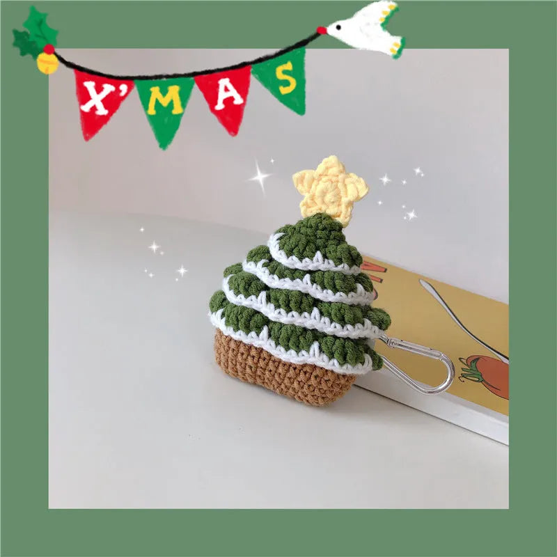 Green knitted Christmas tree flip-style headset case compatible with Apple AirPods models with hook