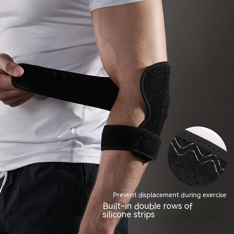 Black adjustable sports elbow guard for badminton, basketball, and training.
