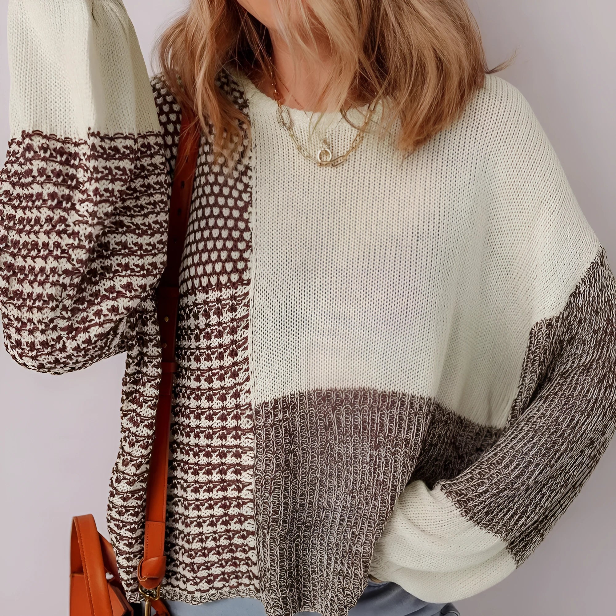 Dark khaki colour block loose sweater with back tie and drop shoulders