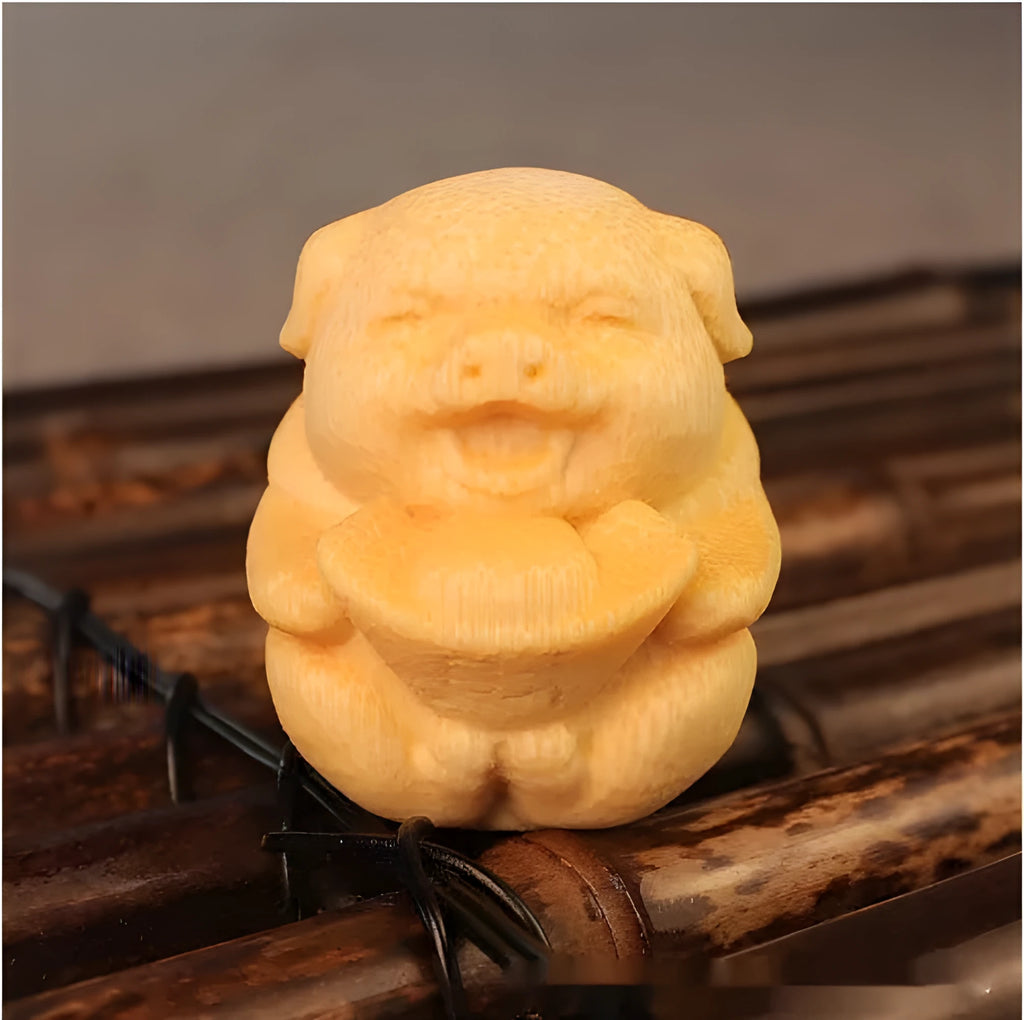 Solid bamboo carving cute ingot pig ornament, 4cm tall.