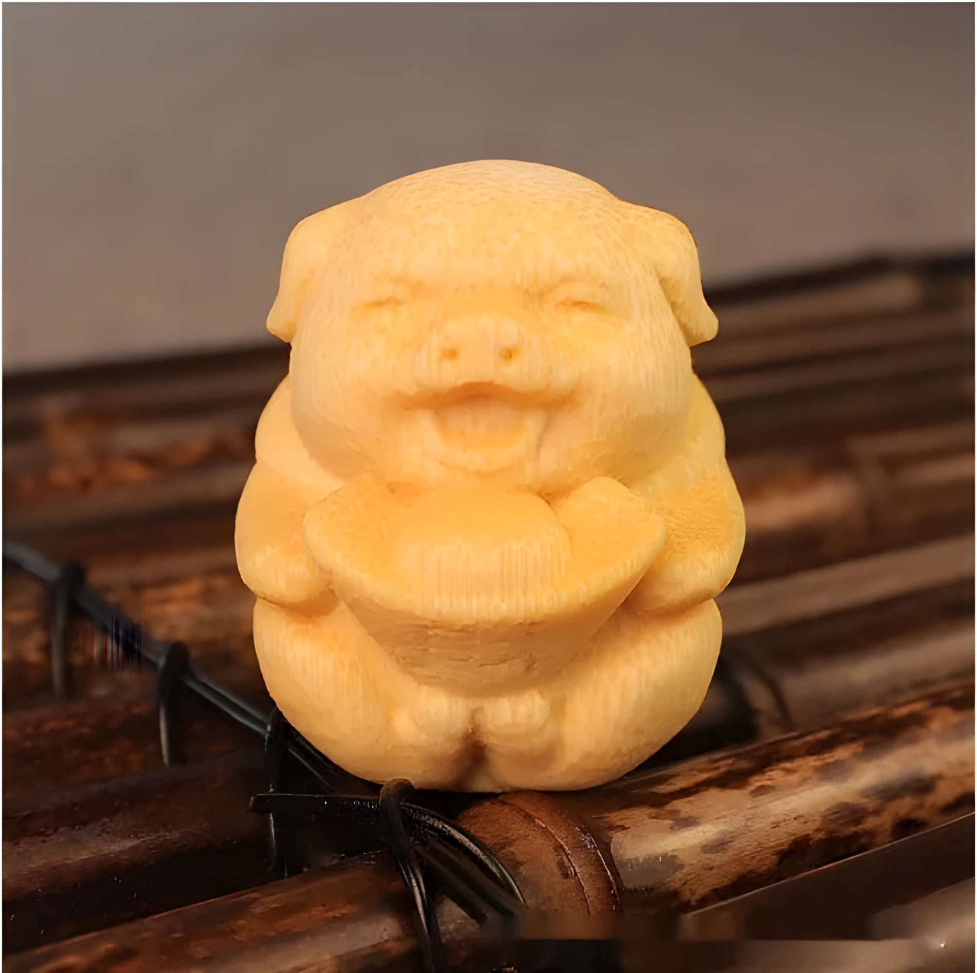 Solid bamboo carving cute ingot pig ornament, 4cm tall.