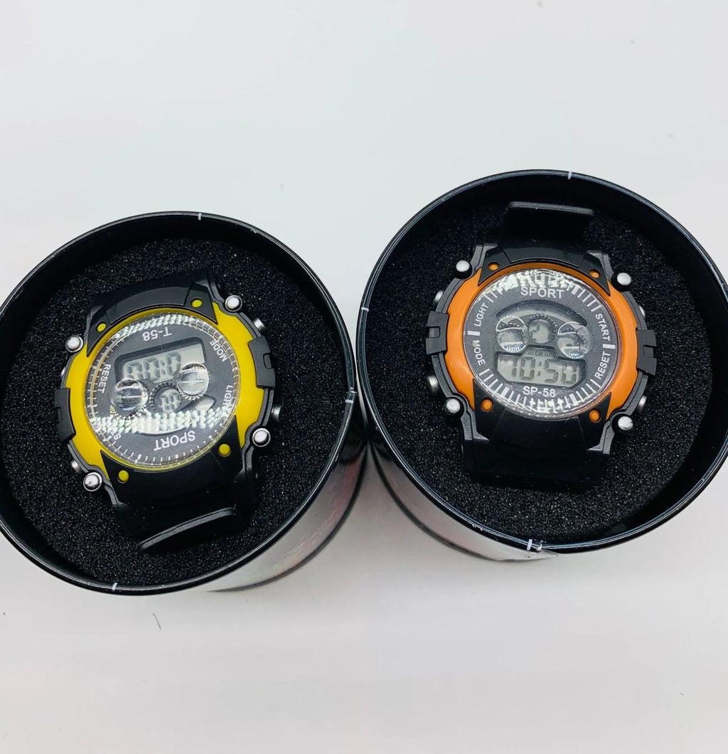 Children's digital sports watch with coloured silicone strap and plastic case on wrist
