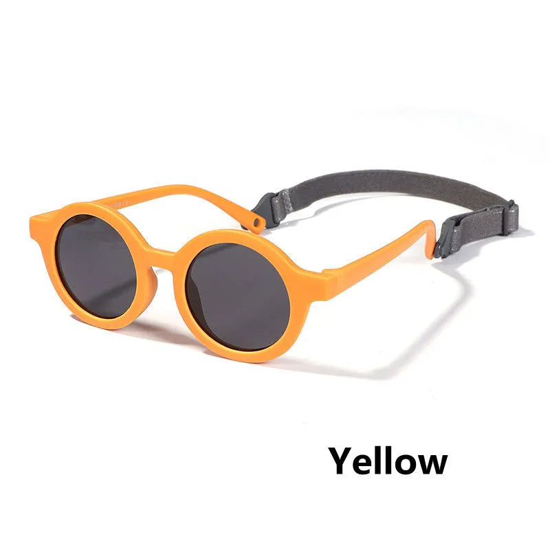 Children's silicone sunglasses with round frames and polarised lenses for 0-3 year old UV protection