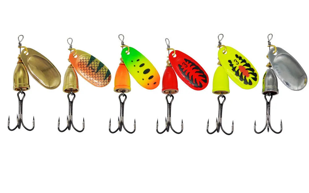R Composite rotating sequins copper bell metal fishing lure showing available colour options.