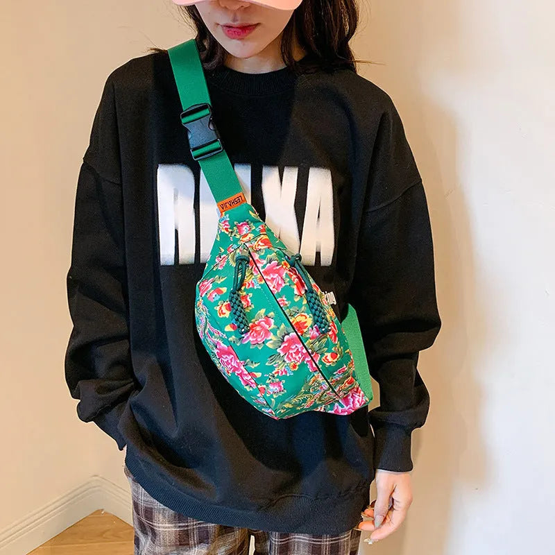 Women's Western style floral waist bag with three-dimensional pocket in four colour options