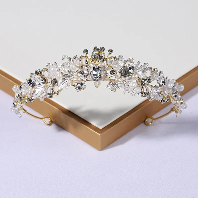 Alloy pearl crown headdress for women with electroplated gold finish and European styling