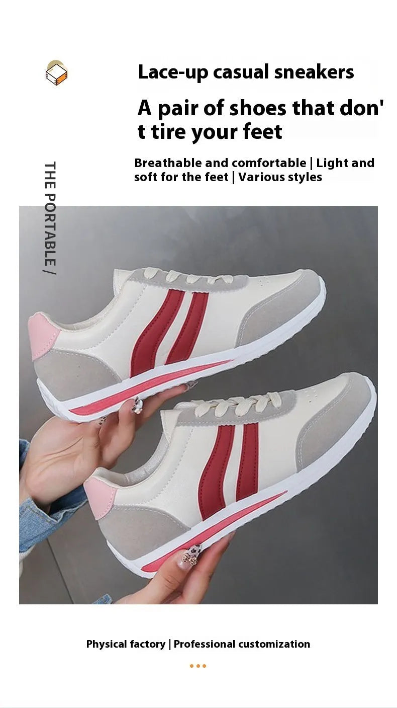 Red and blue lace-up running sneakers with mesh upper and flat rubber soles