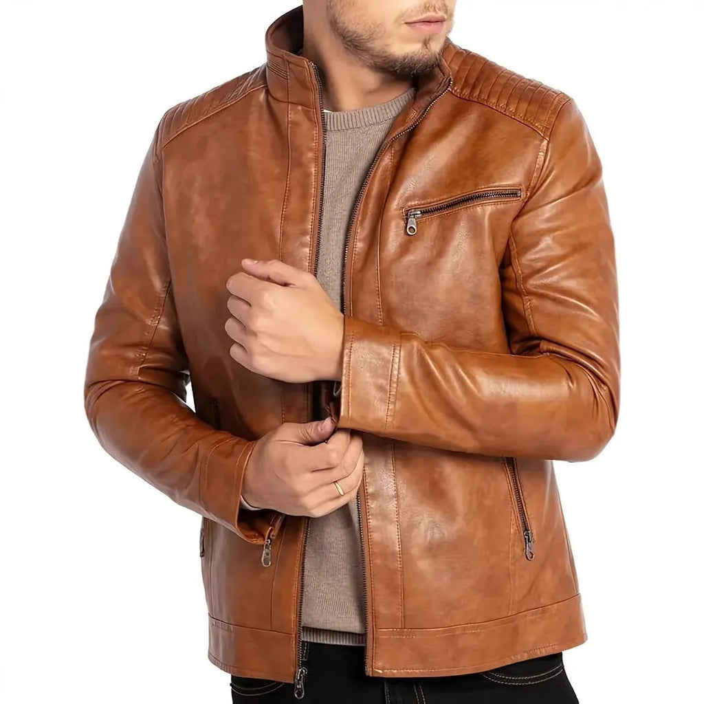 A brown men's punk-style artificial leather motorcycle jacket with a stand collar and patch pockets.