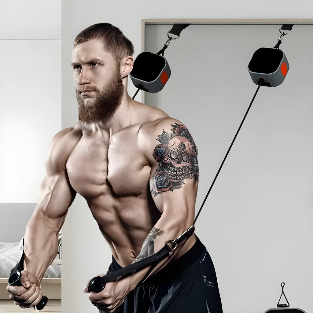Blue grey adjustable resistance band tensioner with iron and ABS construction set to 10kg.