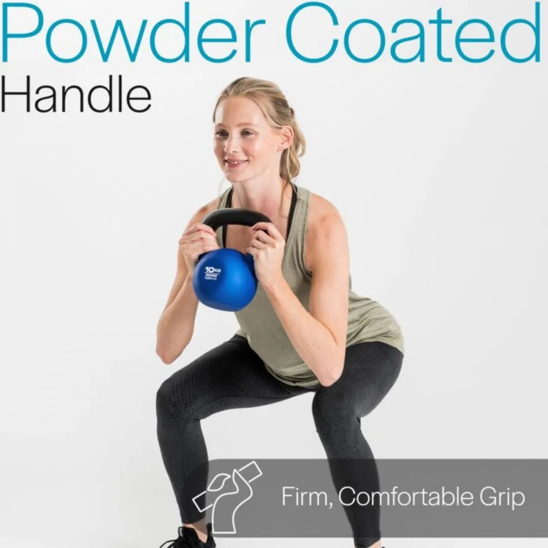 Blue cast iron teapot-shaped dumbbell on a solid background, showing 10kg weight.