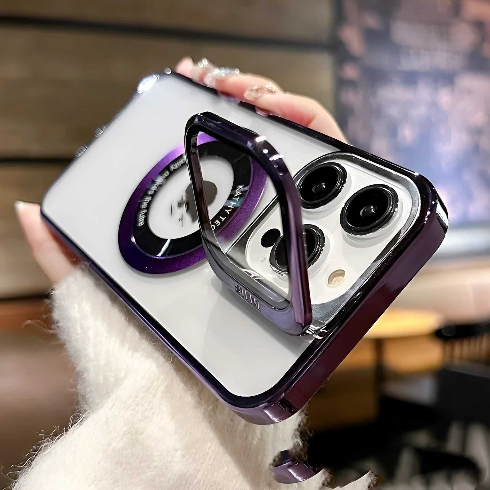 Magnetic leakage label PC phone case for iPhone on a dark background, showing dark purple colour option.