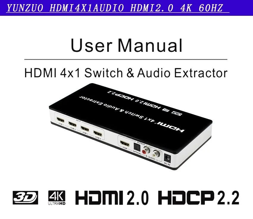 Black HDMI audio video switch with four inputs and one output, remote control, power adapter, and instruction manual