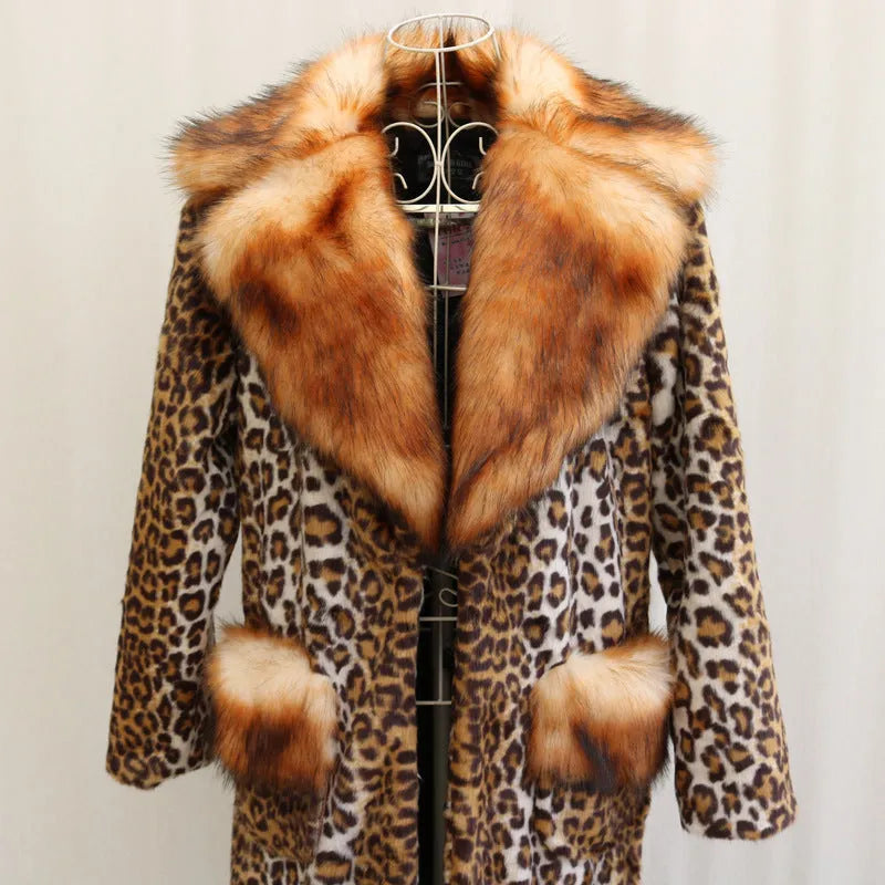 Women's long leopard print artificial fur jacket with regular sleeves, shown in street fashion style.